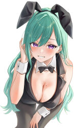Rule 34 | animal ears, bare arms, bent over, black bow, black bowtie, black pantyhose, black shirt, blush, bow, bowtie, breasts, cleavage, detached collar, green hair, hand in own hair, highres, leotard, long hair, looking at viewer, mole, mole on breast, nisi ki no, pantyhose, playboy bunny, purple eyes, shirt, simple background, smile, swept bangs, virtual youtuber, vspo!, white background, wrist cuffs, yakumo beni