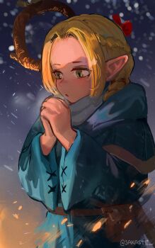 1girl absurdres artist_name belt belt_pouch blonde_hair blue_robe braid cold commentary crown_braid dungeon_meshi elf english_commentary green_eyes highres long_hair long_sleeves mage_staff marcille_donato open_mouth own_hands_clasped own_hands_together pointy_ears pouch robe sakaste scarf snowing solo staff twitter_username white_scarf