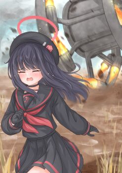 1girl absurdres beret black_choker black_gloves black_hair black_hat black_sailor_collar black_serafuku black_shirt black_skirt blue_archive blue_sky blush choker closed_eyes commentary_request crying explosive gloves halo hat highres hjhtp justice_task_force_member_(blue_archive) long_hair long_sleeves miniskirt motion_blur neckerchief open_mouth outdoors panjandrum pleated_skirt red_halo red_neckerchief running sailor_collar school_uniform serafuku shirt skirt sky solo