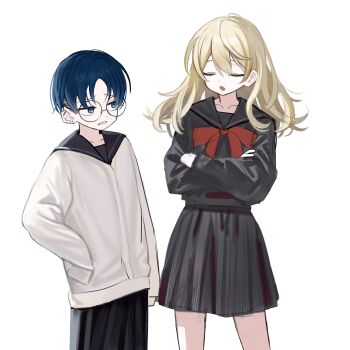 2girls :o arm_at_side black_serafuku black_shirt blonde_hair blue_eyes blue_hair bow bowtie chinese_commentary closed_eyes commentary_request cowboy_shot crossed_arms ear_piercing futsuu_no_keion-bu glasses highres jitome long_hair multiple_girls nikaidou_mawari parted_bangs piercing pleated_skirt raised_inner_eyebrows red_bow red_bowtie round_eyewear sailor_collar sailor_shirt school_uniform serafuku shirt short_hair simple_background skirt sleeves_past_fingers sleeves_past_wrists standing sweater tatsumi_reiha u_u undercut urakko white_background white_sweater