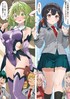 2boys 5girls absurdres bare_shoulders black_hair blazer blonde_hair blush boku_no_hero_academia breasts chloe_von_einzbern commentary_request commission cosplay costume_switch covered_navel crossover dark-skinned_female dark_skin detached_sleeves fate/grand_order fate_(series) green_eyes green_hair green_skirt grin hagakure_toru hair_ornament hair_ribbon hairclip hand_up highres illyasviel_von_einzbern jacket long_hair medium_breasts messy_hair midoriya_izuku miniskirt miyu_edelfelt miyu_edelfelt_(magical_girl) miyu_edelfelt_(magical_girl)_(cosplay) multicolored_hair multiple_boys multiple_girls necktie ojiro_mashirao pink_eyes pink_hair pixiv_commission pleated_skirt pouch red_necktie red_ribbon ribbon school_uniform shimouki_izui shirt skindentation skirt small_breasts smile streaked_hair thigh_pouch thigh_strap thighhighs translation_request twintails two-tone_hair u.a._school_uniform voice_actor_connection white_shirt yellow_eyes