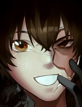 Rule 34 | 1boy, black gloves, commentary, cracked kawaii mask, english commentary, gloves, hands up, highres, leppib, looking at viewer, male focus, male rover (wuthering waves), parted lips, portrait, rover (wuthering waves), smile, solo, wuthering waves, yellow eyes