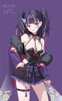 1girl :d absurdres azur_lane bare_shoulders black_dress black_panties blush breasts candy cleavage clothes_pull clothing_cutout commentary_request dress fang food fujinami_(azur_lane) fur-trimmed_jacket fur_trim hand_on_own_hip heart_ornament highres holding holding_candy holding_food holding_lollipop jacket jacket_pull lollipop long_hair looking_at_viewer medium_breasts multicolored_hair no_bra off_shoulder open_clothes open_jacket open_mouth panties ping_zhong_yu pink_nails purple_background purple_eyes purple_hair purple_jacket purple_nails short_dress side_cutout simple_background smile solo standing thigh_strap two-tone_hair underwear