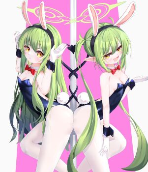 2girls :d :v absurdres alternate_costume animal_ears ass ass-to-ass backless_leotard bare_shoulders between_buttocks black_leotard blue_archive blush bow bowtie breast_press breasts cleavage curly_hair demon_girl demon_tail detached_collar expressionless from_side gloves green_hair green_halo hair_between_eyes half-closed_eyes halo hand_on_own_thigh hand_up hands_up heart_tail_duo highres hikari_(blue_archive) knee_up leaning_back leaning_forward legs leotard light_frown loli long_hair looking_at_viewer looking_back multiple_girls nekodama2000 nozomi_(blue_archive) open_mouth pantyhose playboy_bunny pole rabbit_ears rabbit_tail red_bow red_bowtie revision siblings sisters small_breasts smile smug strapless strapless_leotard stripper_pole symmetrical_docking tail tail_wrap thighs twins twintails very_long_hair white_gloves wrist_cuffs yellow_eyes