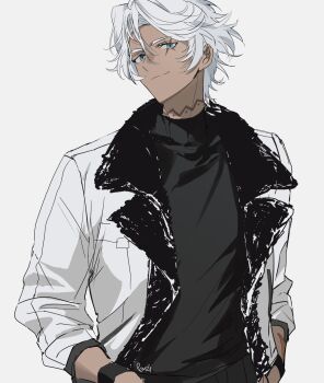 1boy alternate_costume black_sweater casual closed_mouth commentary_request cross_scar dark-skinned_male dark_skin genshin_impact grey_hair hair_between_eyes head_tilt highres ifa_(genshin_impact) jacket light_smile long_sleeves looking_at_viewer male_focus neck_tattoo no_headwear open_clothes open_jacket penzi_(mok_pen) scar scar_across_eye scar_on_arm scar_on_face short_hair sidelocks solo sweater tattoo turtleneck turtleneck_sweater upper_body