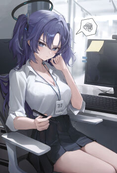 1girl absurdres black_halo black_skirt blue_archive breasts chabi chair cleavage closed_mouth collarbone collared_shirt commentary_request computer computer_keyboard hair_between_eyes hair_ornament halo highres holding holding_pen holding_stylus id_card indoors long_hair looking_at_viewer mechanical_halo miniskirt monitor office_chair on_chair pen purple_eyes purple_hair revision shirt short_sleeves sitting skirt three-quarter_sleeves solo spoken_squiggle squiggle sticky_note stylus sweatdrop swivel_chair thighs triangle_hair_ornament two_side_up v-shaped_eyebrows white_shirt yuuka_(blue_archive)