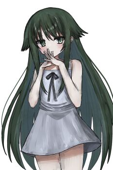 1girl absurdres bare_shoulders black_ribbon blush dirty_hands dot_nose dress flat_chest green_eyes green_hair hair_flaps highres long_hair looking_to_the_side mahigu_re neck_ribbon ribbon saya_(saya_no_uta) saya_no_uta simple_background sleeveless sleeveless_dress smile solo steepled_fingers sundress very_long_hair white_background white_dress