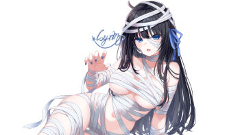 1girl ahoge arm_support artist_name bandage_on_hair bandaged_chest bandaged_head bandaged_leg bandaged_torso bandages bare_shoulders black_hair blue_eyes blue_nails breasts claw_pose collarbone commentary_request gauze gauze_on_cheek hair_ribbon halloween_costume highres indie_virtual_youtuber large_breasts long_hair looking_at_viewer mummy_costume nail_polish naked_bandage navel open_mouth otosaki_rita revealing_clothes ribbon sidelocks signature simple_background sitting solo teeth upper_teeth_only variant_set very_long_hair virtual_youtuber white_background yunagi_(arukumaruta)