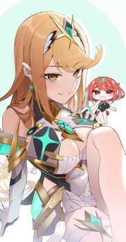 2girls blonde_hair breasts chibi highres large_breasts multiple_girls mythra_(xenoblade) pyra_(pro_swimmer)_(xenoblade) pyra_(xenoblade) red_eyes red_hair slope_(check238) xenoblade_chronicles_(series) xenoblade_chronicles_2 yellow_eyes