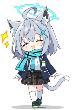 1girl :d ^_^ animal_ear_fluff animal_ears black_shoes black_skirt blue_archive blue_halo blue_jacket blue_necktie blue_scarf blush cat_ears cat_girl cat_tail chibi chibi_only closed_eyes commentary_request extra_ears full_body grey_hair halo highres jacket kotatsu-mazoku long_sleeves necktie open_clothes open_jacket open_mouth plaid_clothes plaid_skirt pleated_skirt scarf shiroko_(blue_archive) shirt shoes short_hair simple_background skirt smile sneakers socks solo standing tail white_background white_shirt white_socks