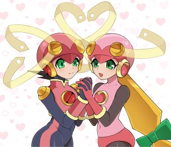 1boy 1girl bodysuit gloves helmet highres kokemega mega_man_(series) mega_man_battle_network megaman.exe navel roll.exe_(mega_man) tagme thighs