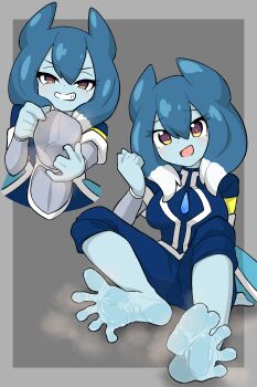 1girl absurdres barefoot blue_hair blue_skin colored_skin feet grin highres inazuma_eleven_(series) inazuma_eleven_go inazuma_eleven_go_galaxy long_hair looking_at_viewer nairo open_mouth parted_lips powai_pichori shoes single_shoe smile soles steam toes unworn_shoes
