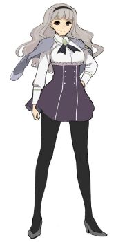 1girl b_suke black_hairband black_pantyhose breasts brown_eyes commentary_request dress full_body grey_hair grey_jacket grey_shoes hairband hand_on_own_hip high_heels idolmaster idolmaster_(classic) jacket jacket_on_shoulders medium_breasts pantyhose shijou_takane shoes short_dress solo