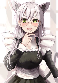 1girl absurdres animal_ears blush commentary_request fang glasses green_eyes grey_hair heaven_burns_red highres izumi_yuki_(heaven_burns_red) long_hair maid natsuki_(muravito) open_mouth skin_fang tail white_hair