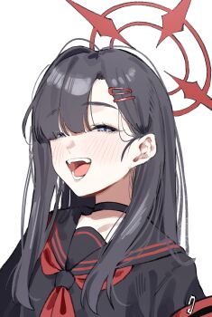 1girl absurdres black_choker black_hair black_sailor_collar black_serafuku blue_archive blue_eyes blush choker commentary hair_ornament hairclip halo hanakonenne highres ichika_(blue_archive) long_hair looking_at_viewer neckerchief open_mouth red_halo red_neckerchief sailor_collar school_uniform serafuku simple_background smile solo white_background