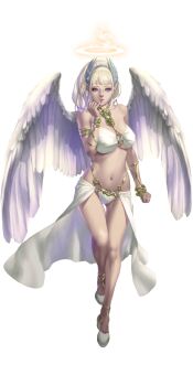 1girl angel angel_wings artist_request bad_source bare_legs bare_shoulders blonde_hair breasts clenched_hand crystal_maiden_(series) feathered_wings finger_to_mouth full_body game_cg halo highres looking_at_viewer micah_(crystal_maidens) navel official_art purple_eyes shoes solo third-party_source transparent_background variant_set wings