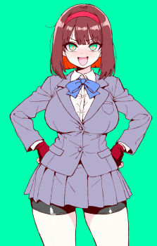 1girl :p arms_at_sides black_shorts blue_bow blue_bowtie blush bow bowtie breast_pocket breasts brown_hair bungeiman_masa buttons collared_shirt colored_inner_hair cowboy_shot gloves green_background green_eyes grey_jacket grey_skirt hands_on_own_hips headband jacket lapels large_breasts long_sleeves medium_hair multicolored_hair notched_lapels original pocket red_gloves red_hair red_headband school_uniform shirt shorts simple_background skirt solo thighs tongue tongue_out white_shirt