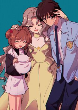 1boy 2girls absurdres alt_text brother_and_sister brown_hair cardcaptor_sakura child clamp closed_eyes closed_mouth dress family_bonding highres kinomoto_nadeshiko kinomoto_sakura kinomoto_touya mother_and_daughter mother_and_son multiple_girls nzeneee open_mouth school_uniform serafuku siblings simple_background size_difference skirt tomoeda_middle_school_uniform white_headwear white_skirt yellow_dress