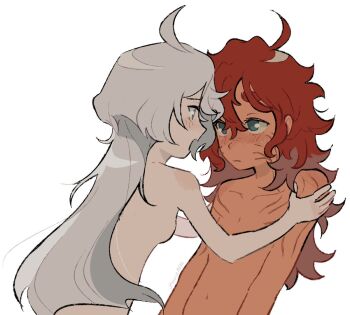 2girls ahoge blue_eyes blush breasts closed_mouth commentary dark-skinned_female dark_skin english_commentary grey_eyes grey_hair gundam gundam_suisei_no_majo hand_on_another&#039;s_shoulder jaywuzhere long_hair looking_at_another miorine_rembran multiple_girls nude open_mouth red_hair scar scar_on_arm scar_on_face simple_background small_breasts suletta_mercury sweat thick_eyebrows white_background yuri