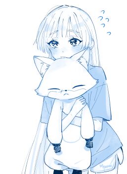 Rule 34 | 1girl, blush, character doll, cho kaguya-hime!, commentary request, cowboy shot, doll, highres, long hair, monochrome, myama, runami yachiyo, sakayori iroha, shirt, short sleeves, shorts, simple background, stuffed fox, white background