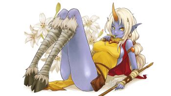 Rule 34 | 1girl, aa2233a, bandages, breasts, colored skin, earrings, female focus, flower, highres, hooves, horns, jewelry, league of legends, legs together, lying, naked tabard, pelvic curtain, pouch, purple skin, sideboob, single horn, solo, soraka (league of legends), tabard, white hair, yellow eyes