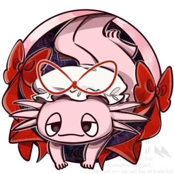 Rule 34 | animal focus, animalization, axolotl, black eyes, bow, commentary request, disembodied eye, gap (touhou), hat, hat ribbon, mob cap, no humans, red bow, red ribbon, ribbon, tama (hiroshige 36), touhou, twitter username, watermark, white background, white hat, yakumo yukari