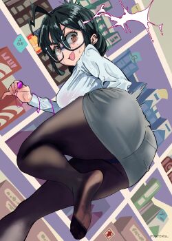 &gt;p&lt; 1girl :s @_@ ahoge ass ass_focus black_hair black_pantyhose black_skirt box breasts cardboard_box character_request check_copyright commentary controller copyright_request daferq dutch_angle english_commentary from_behind from_below glasses highres holding holding_remote_control kilroy_was_here large_breasts leg_up lightning long_sleeves looking_at_viewer looking_back motion_lines no_shoes office_lady open_mouth original pantyhose pencil_skirt red_eyes remote_control remote_control_vibrator sex_toy shelf shirt short_hair skirt smile solo sticky_note sweatdrop twitter_username vibrator vibrator_cord vibrator_under_clothes white_shirt