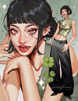 1girl aegyo_sal asian baggy_pants black_hair black_pants brown_eyeliner brown_eyes brown_nails cleavage_cutout clothing_cutout clover collarbone crop_top double_bun eyeliner fingernails four-leaf_clover four-pointed_star gradient_background green_background green_shirt green_tank_top hair_bun hands_in_pockets head_on_hand high_heels highres kpop_demon_hunters licking_lips long_eyelashes long_fingernails looking_at_viewer makeup mandarin_collar midriff mole mole_on_arm mole_on_collarbone mole_on_neck mole_on_nose mole_under_each_eye mole_under_eye multiple_moles multiple_views navel pants portrait ribbon shirt shirt_ribbon short_bangs sleeveless sleeveless_shirt smile spiked_ear_piercing standing tank_top teeth thick_eyebrows thick_lips tight_clothes tight_shirt tongue tongue_out twitter_username two-tone_background very_low_bun white_background white_ribbon zeebythesea zoey_(kpop_demon_hunters)