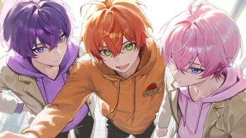 3boys brown_jacket clenched_hand closed_mouth from_above green_eyes hair_between_eyes hand_on_own_hip highres hood hoodie jacket jel_(stpri) looking_at_viewer looking_up male_focus multiple_boys nanamori_(stpri) open_clothes open_jacket open_mouth orange_hair orange_hoodie outstretched_arm pink_hair pink_hoodie purple_eyes purple_hair purple_hoodie satomi_(stpri) short_hair smile strawberry_prince tsukishiro_yashiro