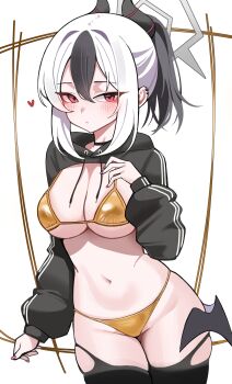 1girl absurdres arm_at_side bikini black_choker black_shrug black_thighhighs blue_archive blush breasts choker closed_mouth commentary_request cowboy_shot curved_horns double-parted_bangs fingernails grey_hair hand_up highres hood hood_down hooded_shrug kayoko_(blue_archive) kudo_0802 large_breasts long_sleeves looking_at_viewer low_wings medium_hair multicolored_hair navel pink_nails ponytail red_eyes shrug_(clothing) solo standing stomach streaked_hair string_bikini swimsuit thighhighs white_background wings yellow_bikini