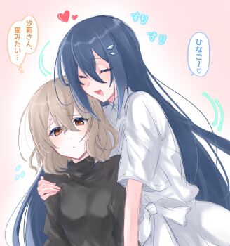 2girls black_shirt blue_hair brown_eyes brown_hair closed_eyes commentary_request dress fang flying_sweatdrops hair_ornament hairclip hand_on_another's_shoulder heart highres hug long_hair moatototototo05 multiple_girls open_mouth oumi_shiori pink_background shirt speech_bubble thought_bubble translation_request watashi_wo_tabetai_hitodenashi white_dress yaotose_hinako yuri