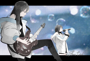 2girls aoki_hina bang_dream! bang_dream!_it&#039;s_mygo!!!!! black_hair black_pants black_shirt closed_eyes commentary_request electric_guitar grey_eyes guitar highres holding holding_guitar holding_instrument holding_microphone holding_weapon instrument jacket jhon_trick kaname_raana long_hair microphone multiple_girls off_shoulder open_mouth pants shirt takamatsu_tomori voice_actor voice_actor_connection weapon white_jacket youmiya_hina