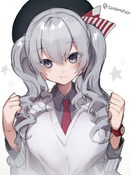 Rule 34 | 1girl, alternate costume, beret, black hat, blue eyes, clenched hands, collared shirt, commentary request, dress shirt, grey hair, grey sweater, hat, highres, kantai collection, kashima (kancolle), neckerchief, one-hour drawing challenge, picoli1313, red neckerchief, shirt, sidelocks, simple background, smile, solo, sweater, twintails, twitter username, upper body, wavy hair, white background