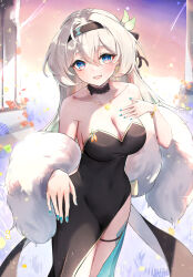 Rule 34 | 1girl, :d, absurdres, bare shoulders, black choker, black dress, black hairband, blue eyes, blue nails, breasts, choker, cleavage, commentary, cowboy shot, dress, elphe, feather boa, firefly (honkai: star rail), hair between eyes, hairband, hand up, highres, honkai: star rail, honkai (series), jewelry, large breasts, long hair, looking at viewer, nail polish, necklace, open mouth, purple eyes, side slit, smile, solo, standing, strapless, strapless dress, two-tone eyes, very long hair, white hair