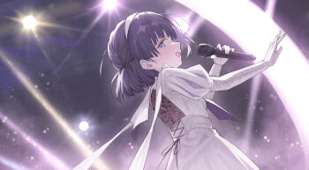 1girl absurdres commentary_request concert from_behind from_below gakuen_idolmaster gloves hairband hands_up hataya_misuzu high-waist_skirt highres holding holding_microphone idolmaster juliet_sleeves long_sleeves looking_at_viewer looking_back medium_hair microphone open_mouth profile puffy_sleeves pulmo_(artist) purple_eyes purple_hair shirt skirt solo stage stage_lights sweat upper_body white_gloves white_hairband white_shirt white_skirt