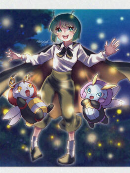 1girl :d absurdres androgynous antennae black_neckerchief blue_eyes blurry blurry_background blush bug cape commentary_request crossover eyelashes firefly full_body gen_3_pokemon green_eyes green_hair highres illumise insect insect_wings konpota_(pixiv_113398422) long_sleeves neckerchief night nintendo open_mouth outdoors pants pokemon pokemon_(creature) shirt shoes short_hair signature smile socks teeth touhou upper_teeth_only volbeat white_shirt white_socks wings wriggle_nightbug yellow_eyes