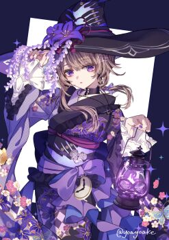 1girl alternate_costume alternate_hairstyle black_choker black_hat brown_hair choker commentary_request floral_print floral_print_kimono hat herta_(honkai:_star_rail) highres holding holding_lantern honkai:_star_rail honkai_(series) japanese_clothes jewelry key key_necklace kimono lantern looking_at_viewer necklace obi obiage obijime parted_lips print_kimono purple_kimono purple_nails sash sidelocks solo the_herta_(honkai:_star_rail) witch_hat yoake_(yoakey)