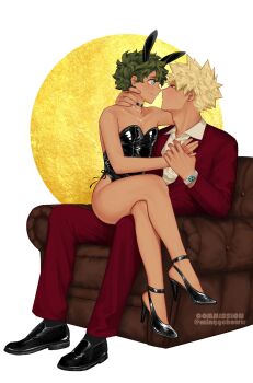 bakudeku bakugou_katsuki bare_legs blonde_hair boku_no_hero_academia crossdressing dress formal_clothes freckles green_hair high_heels highres legs messy_hair midoriya_izuku minggchoww sitting spiked_hair suit yaoi