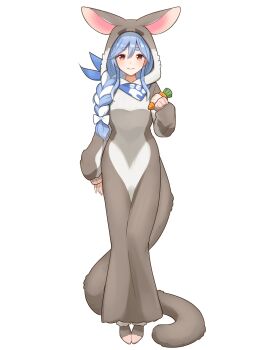 1girl absurdres alternate_costume animal_costume blue_hair braid braided_ponytail carrot commentary_request design_speculation food highres holding holding_carrot holding_food holding_vegetable hololive looking_at_viewer mature_female morotade_kudou multicolored_hair orange_eyes pekomama rabbit_costume solo two-tone_hair vegetable virtual_youtuber white_hair