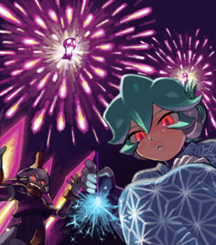 1boy 1girl blue_kimono brother_and_sister fire fireworks glowing glowing_eyes green_eyes japanese_clothes kimono kin_niku mega_man_(series) mega_man_zx model_w_(mega_man) night pandora_(mega_man) prometheus_(mega_man) purple_fire red_eyes robot_ears siblings