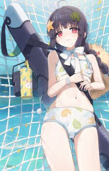 1girl absurdres bikini black_hair blue_archive bottle braid closed_mouth commentary_request cowboy_shot day hair_ornament highres leaf_print long_hair miyu_(blue_archive) miyu_(swimsuit)_(blue_archive) navel net ocean outdoors print_bikini raised_inner_eyebrows red_eyes sena_8ito solo standing star_(symbol) star_hair_ornament stomach sweat swimsuit watch water_bottle weapon_case white_bikini wispy_bangs wristwatch