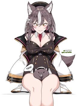 1girl absurdres animal_ear_fluff animal_ears between_breasts between_thighs blush bra breasts brown_hair chisaka_airi cleavage clothes_between_breasts collar colored_inner_hair flower hair_flower hair_ornament hairpin hat highres jacket jacket_partially_removed kaffsu large_breasts long_hair multicolored_hair multiple_hairpins necktie necktie_between_breasts phase_connect pink_hair red_necktie solo streaked_hair tail underwear virtual_youtuber white_hair wolf_ears wolf_girl wolf_tail yellow_eyes