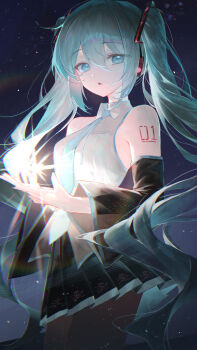 1girl aqua_eyes aqua_hair aqua_necktie aqua_trim arm_tattoo black_skirt black_sleeves breasts collarbone commentary_request detached_sleeves grey_shirt hair_between_eyes hair_ornament hatsune_miku headset highres huhi_(huhi_1211) long_hair long_sleeves miniskirt necktie number_tattoo pleated_skirt shirt skirt sleeveless sleeveless_shirt small_breasts solo tattoo twintails very_long_hair vocaloid wide_sleeves
