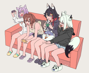 4girls ahoge animal_ears black_hair black_hoodie braid breasts brown_hair cat_ears cleavage controller couch crocs dog_ears fang fox_ears fox_tail game_controller highres hololive hololive_gamers hood hoodie inugami_korone miofa_(ookami_mio) multiple_girls nekomata_okayu ookami_mio purple_hair shirakami_fubuki shorts sickpoly7188 slippers tail tank_top twin_braids virtual_youtuber white_hair wolf_ears