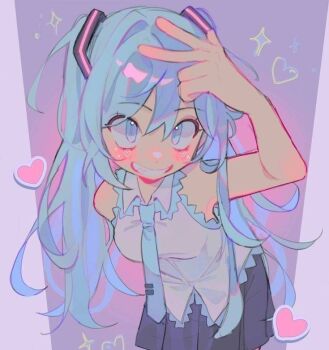 1girl bare_arms bare_shoulders black_skirt blue_eyes blue_hair blue_necktie collared_shirt commentary cowboy_shot english_commentary eyelashes grin hair_ornament happy hatsune_miku heart lace lace-trimmed_shirt lace_trim leaning_forward light_blush littlebunniboo long_hair miniskirt necktie no_detached_sleeves pleated_skirt purple_background shirt skirt sleeveless sleeveless_shirt smile solo sparkle standing tareme teeth tie_clip twintails v very_long_hair vocaloid white_shirt