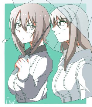 2girls blue_shirt blue_sweater breasts brown_eyes brown_hair dress_shirt eyes_visible_through_hair from_side girls_und_panzer grey_shirt hair_between_eyes highres holding holding_umbrella keizoku_school_uniform kuromorimine_school_uniform large_breasts long_hair long_sleeves looking_at_another mika_(girls_und_panzer) multiple_girls nishizumi_maho raglan_sleeves school_uniform shirt short_hair smile striped_clothes striped_shirt sweater two_draw umbrella upper_body vertical-striped_clothes vertical-striped_shirt vertical-striped_sweater white_shirt wing_collar
