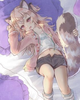1girl animal_ear_fluff bed_sheet black_shorts blush brown_hair collarbone commentary drawstring english_commentary frilled_pillow frills hair_ornament hairclip highres hikari_niji jacket komachi_panko long_hair long_sleeves lying midriff navel on_back open_clothes open_fly open_jacket open_mouth open_shorts phase_connect pillow pink_jacket purple_eyes red_panda_ears red_panda_girl red_panda_tail shirt short_eyebrows short_shorts shorts sleeves_past_wrists solo star_(symbol) thick_eyebrows very_long_hair virtual_youtuber white_shirt