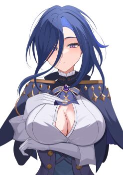 1girl absurdres apn_(apn94509238) ascot blue_ascot blue_hair breasts button_gap cleavage clorinde_(genshin_impact) closed_mouth commentary_request corset electro_symbol_(genshin_impact) epaulettes fold-over_gloves framed_breasts genshin_impact hair_between_eyes highres large_breasts long_hair long_hair_between_eyes looking_at_viewer purple_eyes shirt simple_background solo taut_clothes taut_shirt vision_(genshin_impact) white_background