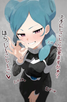 1girl beta_(inazuma_eleven) blue_hair blush breasts dress fellatio_gesture highres inazuma_eleven_(series) inazuma_eleven_go inazuma_eleven_victory_road long_dress long_sleeves looking_at_viewer purple_eyes solo steam steaming_body tori_no_shigure_ni translated