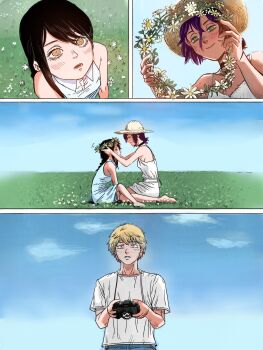 1boy 2girls black_choker black_hair blonde_hair blue_dress blue_sky camera chainsaw_man choker day denji_(chainsaw_man) dress flower flower_wreath grass green_eyes hair_between_eyes hair_bun hat head_wreath highres holding holding_camera kkyong155426 long_hair multiple_girls nayuta_(chainsaw_man) on_ground outdoors purple_hair res2_02 reze_(chainsaw_man) ringed_eyes shirt short_hair sky sleeveless sleeveless_dress straw_hat white_dress white_flower white_shirt yellow_eyes